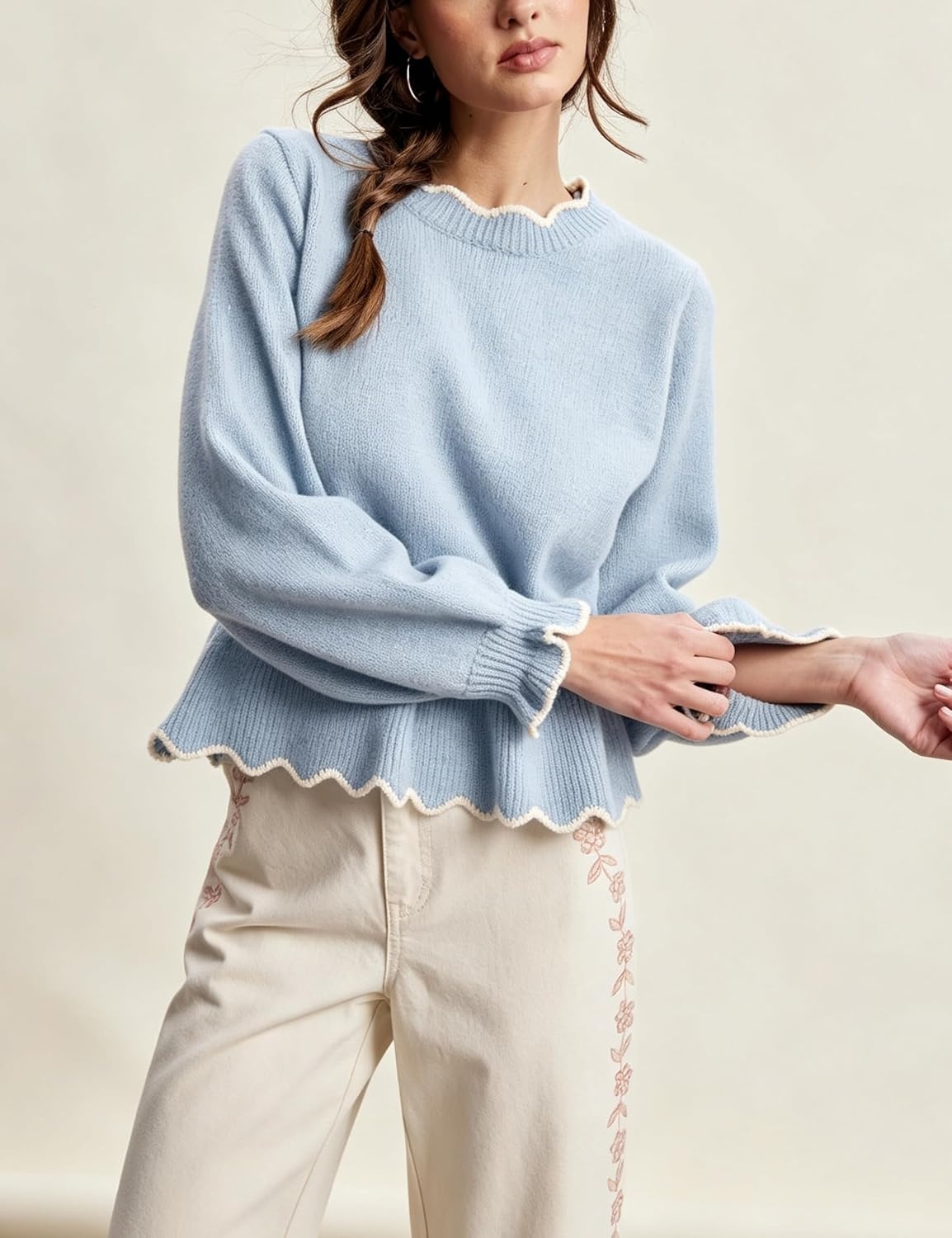 image:imageSpringrain Womens Scalloped Peplum Long Sleeve Knit Sweater Crew Neck Lantern ruffled cuffs Contrast wave trim Soft lightweight Top Fall amp Winter wardrobe pieceRibbed TrimBlue