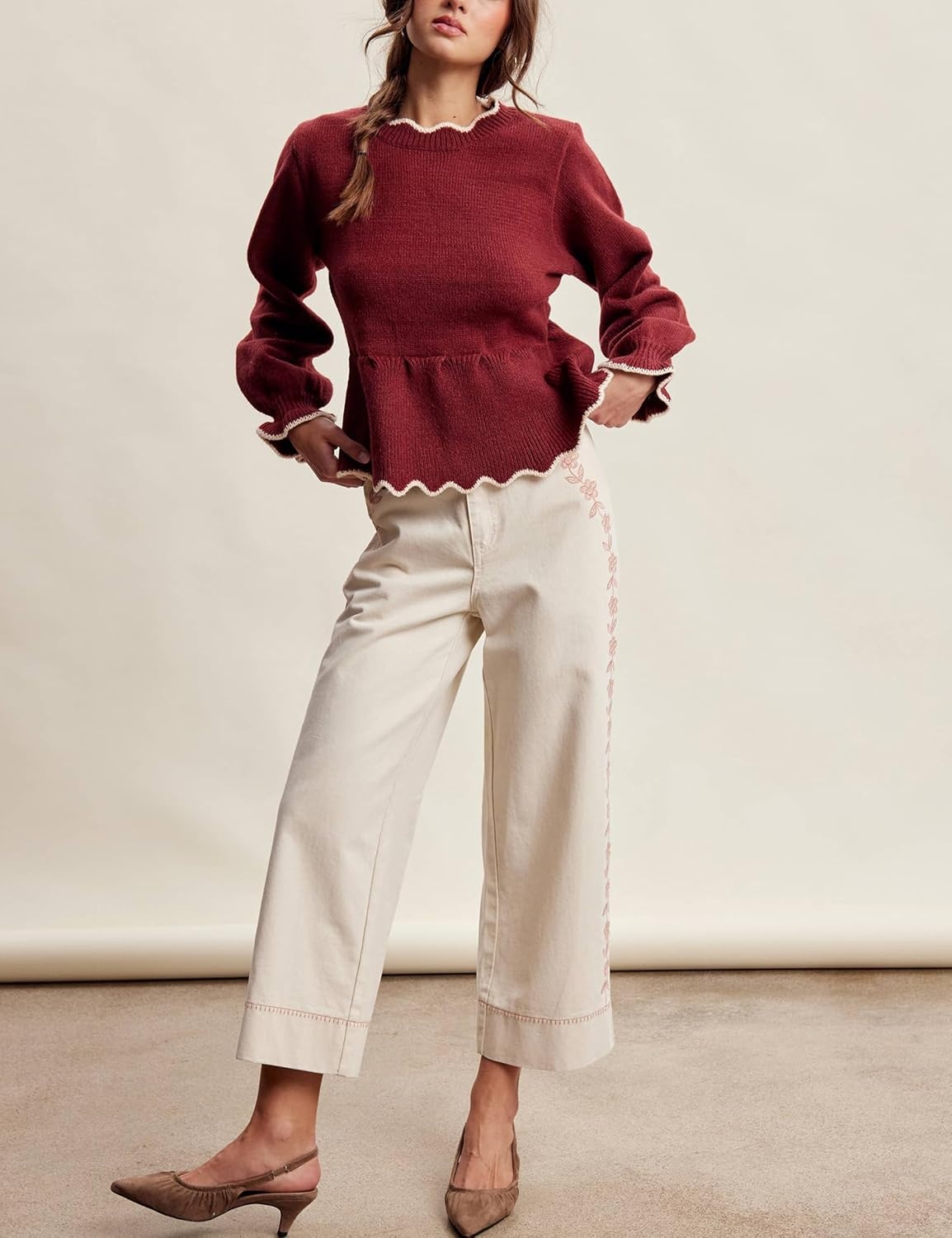 image:imageSpringrain Womens Scalloped Peplum Long Sleeve Knit Sweater Crew Neck Lantern ruffled cuffs Contrast wave trim Soft lightweight Top Fall amp Winter wardrobe pieceRibbed TrimWinered
