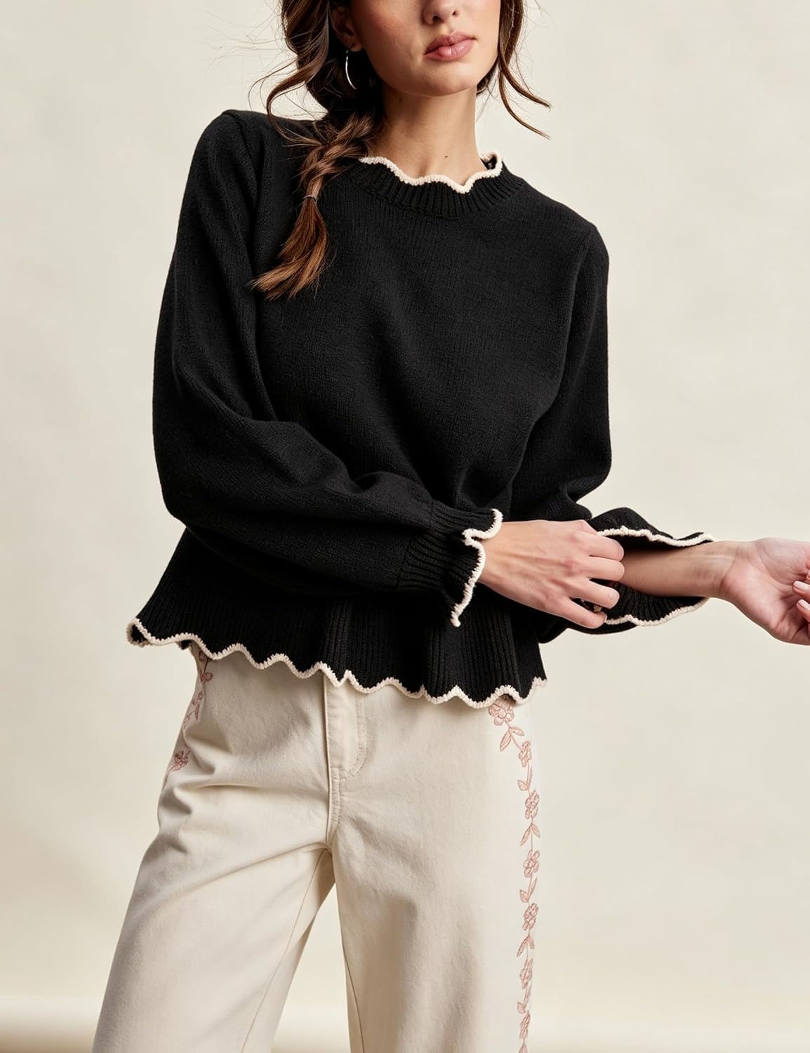 image:imageSpringrain Womens Scalloped Peplum Long Sleeve Knit Sweater Crew Neck Lantern ruffled cuffs Contrast wave trim Soft lightweight Top Fall amp Winter wardrobe pieceRibbed TrimBlack