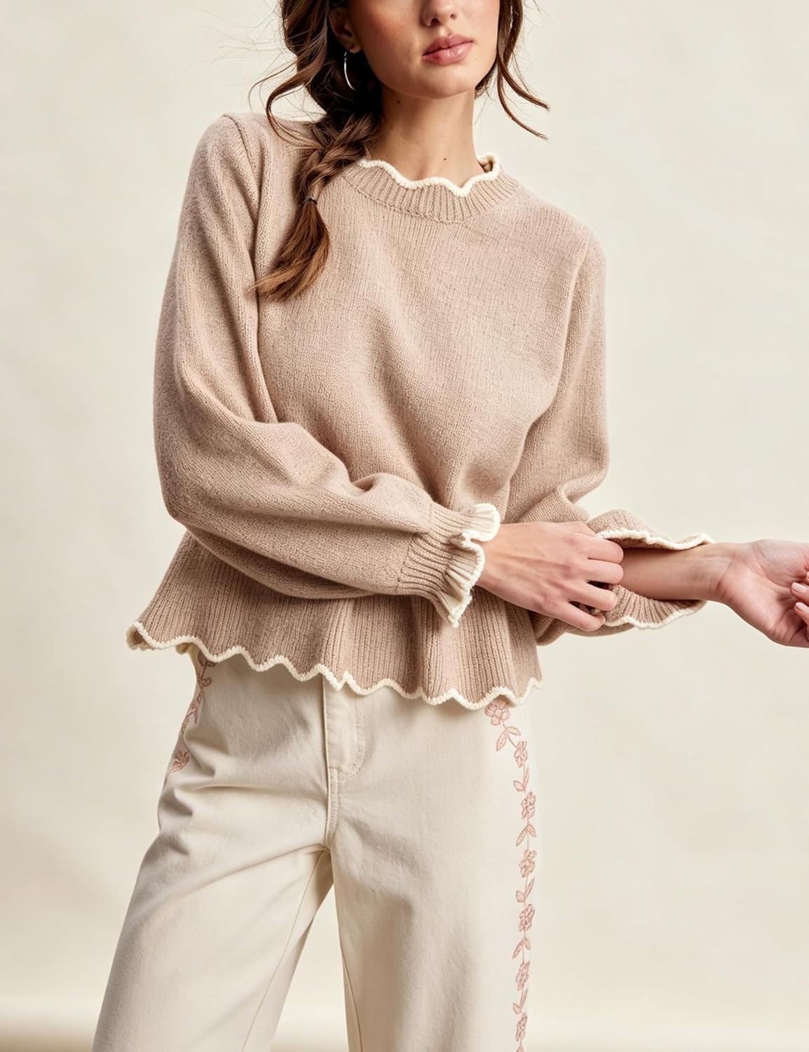 image:imageSpringrain Womens Scalloped Peplum Long Sleeve Knit Sweater Crew Neck Lantern ruffled cuffs Contrast wave trim Soft lightweight Top Fall amp Winter wardrobe pieceRibbed TrimKhaki
