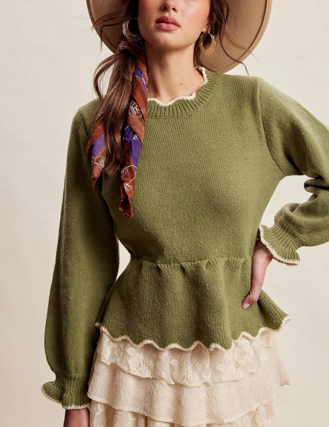 image:imageSpringrain Womens Scalloped Peplum Long Sleeve Knit Sweater Crew Neck Lantern ruffled cuffs Contrast wave trim Soft lightweight Top Fall amp Winter wardrobe pieceRibbed TrimArmygreen