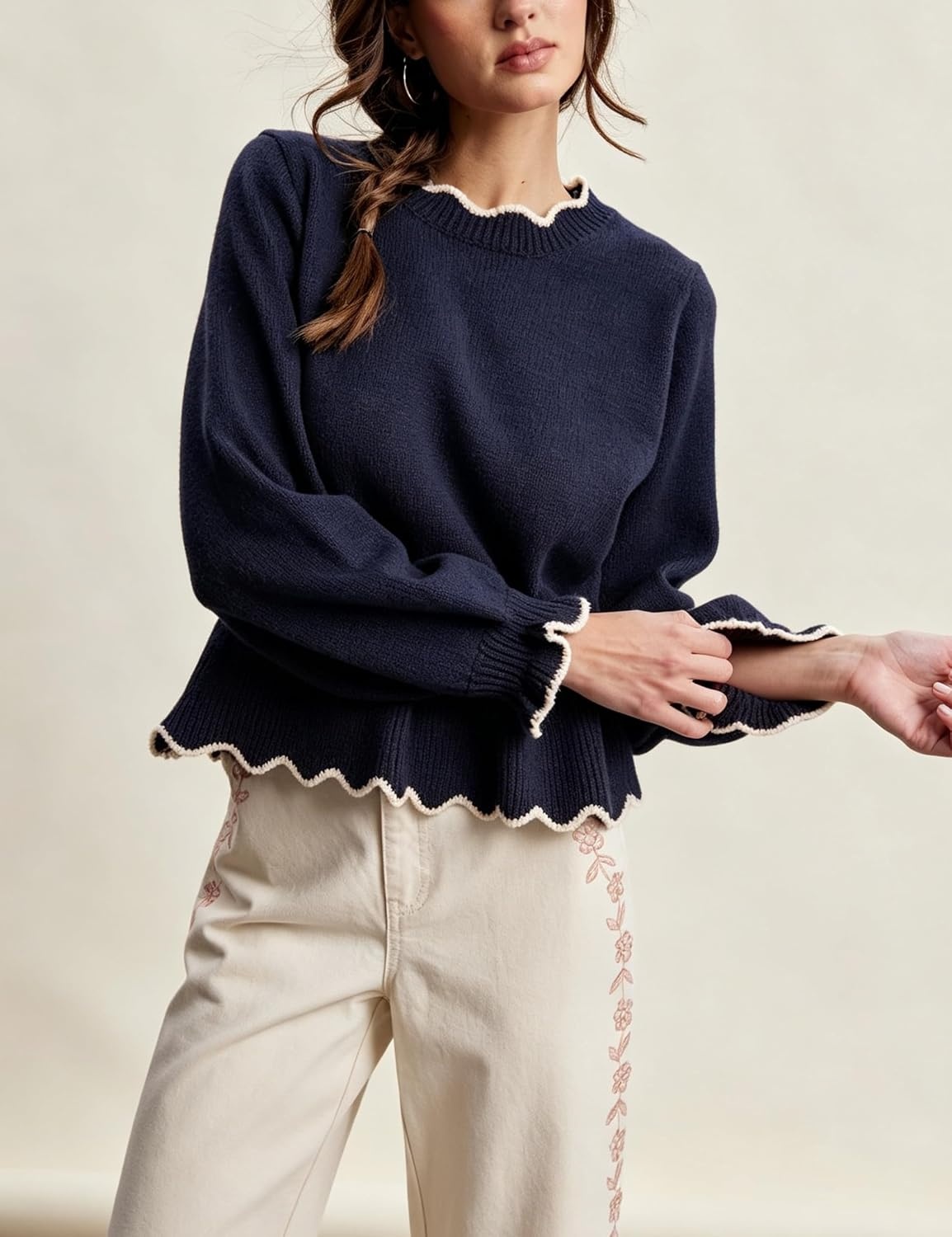 image:imageSpringrain Womens Scalloped Peplum Long Sleeve Knit Sweater Crew Neck Lantern ruffled cuffs Contrast wave trim Soft lightweight Top Fall amp Winter wardrobe pieceRibbed TrimNavy