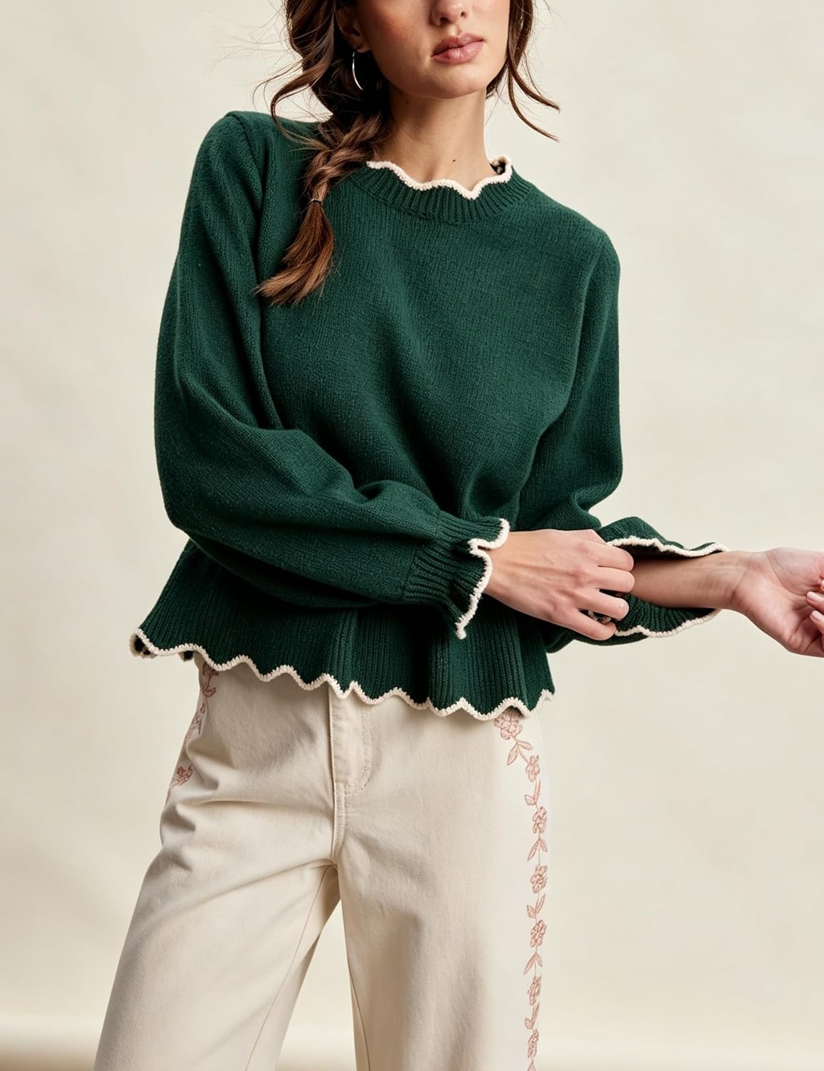 image:imageSpringrain Womens Scalloped Peplum Long Sleeve Knit Sweater Crew Neck Lantern ruffled cuffs Contrast wave trim Soft lightweight Top Fall amp Winter wardrobe pieceRibbed TrimDarkgreen