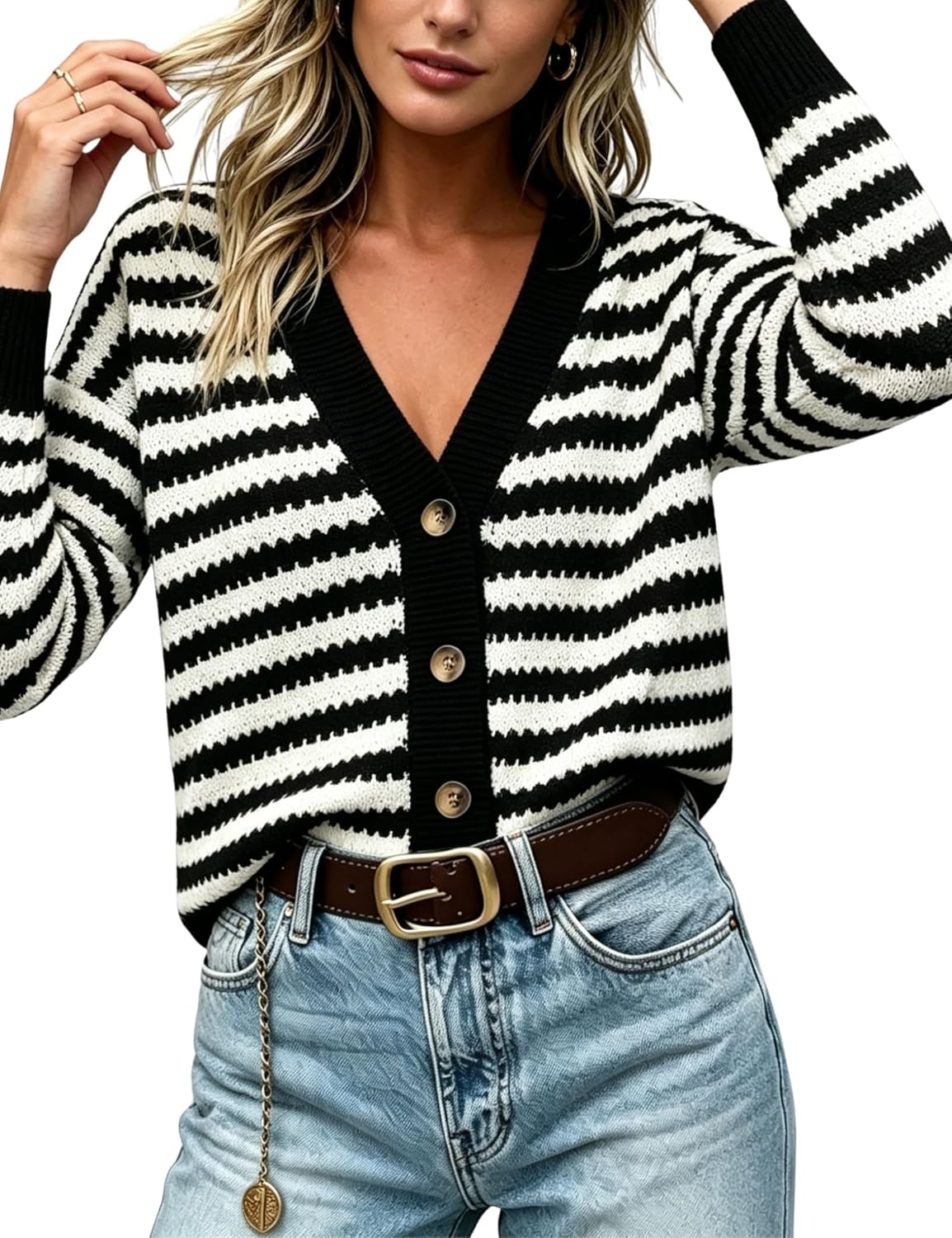 image:imageSpringrain Womens Striped Crochet Long Sleeve Knit Cardigan Lightweight V Neck Button Up Cardigan Sweater Versatile Layering Piece for Fall and Spring Business Casual OutfitsBlack