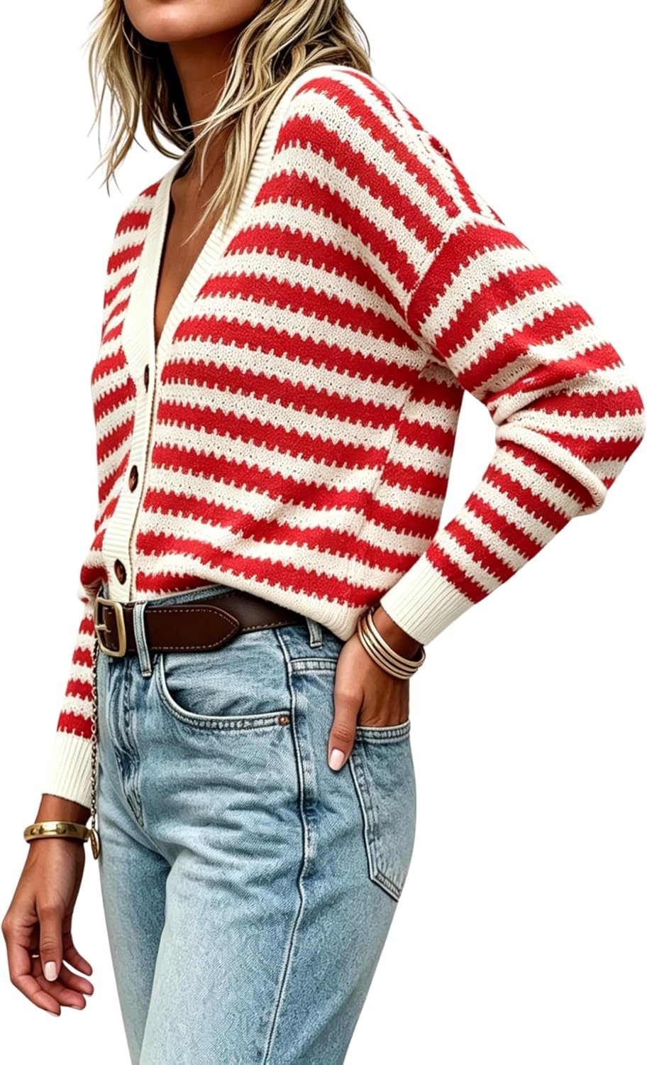 image:imageSpringrain Womens Striped Crochet Long Sleeve Knit Cardigan Lightweight V Neck Button Up Cardigan Sweater Versatile Layering Piece for Fall and Spring Business Casual OutfitsRed