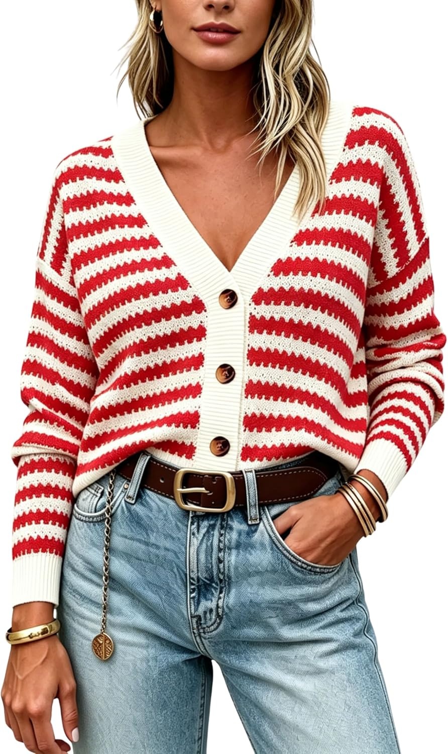 image:imageSpringrain Womens Striped Crochet Long Sleeve Knit Cardigan Lightweight V Neck Button Up Cardigan Sweater Versatile Layering Piece for Fall and Spring Business Casual OutfitsRed