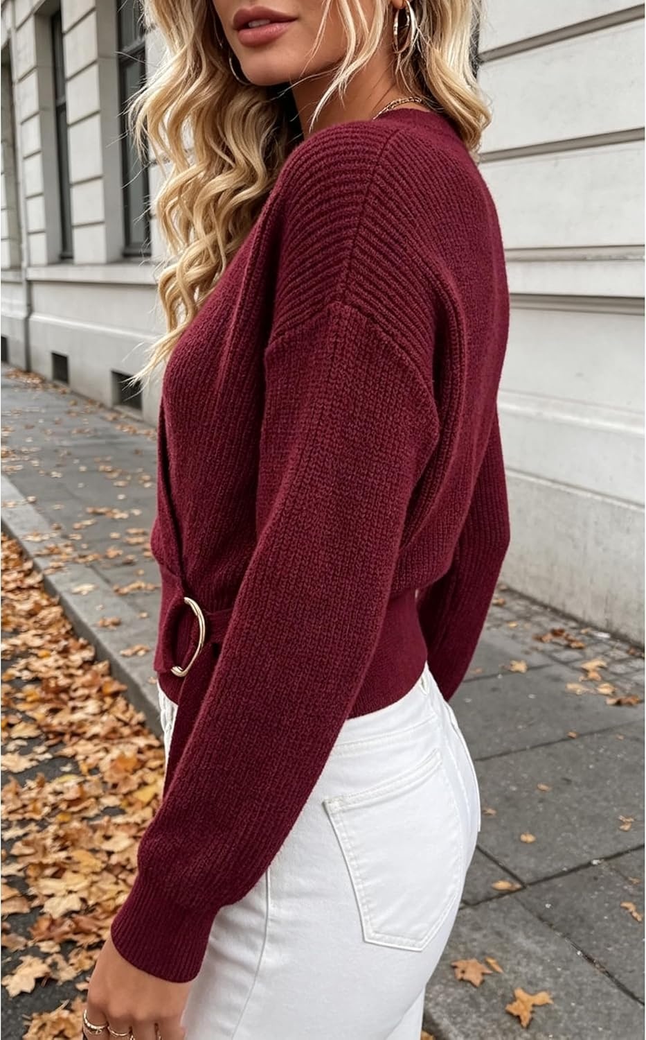 image:imageSpringrain Womens V Neck Long Sleeve Wrap Fall Belted Sweater Metal Ring Buckle Adjustable Waist Soft Stretch Ribknit Fabric Cropped FigureHugging Fit Relaxed DropBurgundy