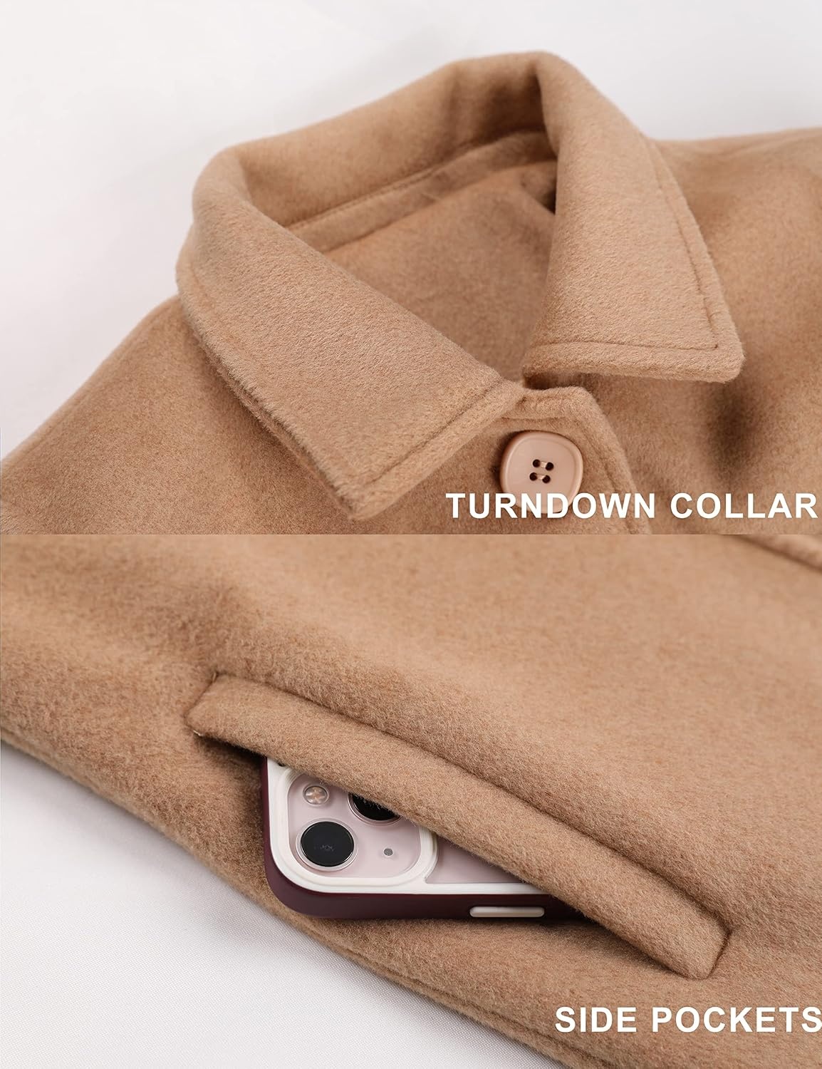 image:imageSpringrain Womens Winter Wool Blend Coat Single Breasted Peacoat Elegant Warm Turn Down Collar Overcoat Casual Knee Length Mid Long Trench Coat Versatile Office Daily OuterwearCamel