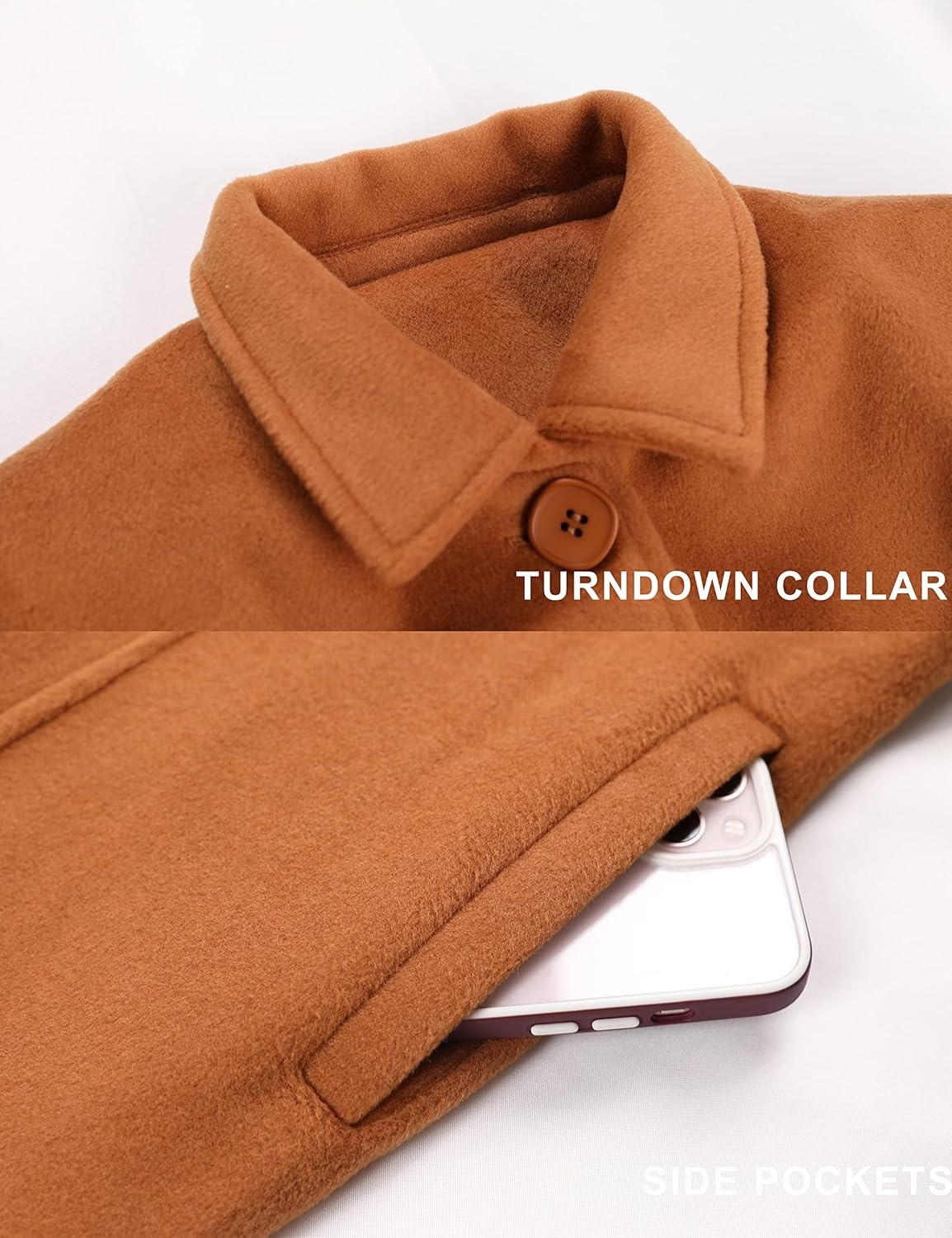 image:imageSpringrain Womens Winter Wool Blend Coat Single Breasted Peacoat Elegant Warm Turn Down Collar Overcoat Casual Knee Length Mid Long Trench Coat Versatile Office Daily OuterwearCaramel