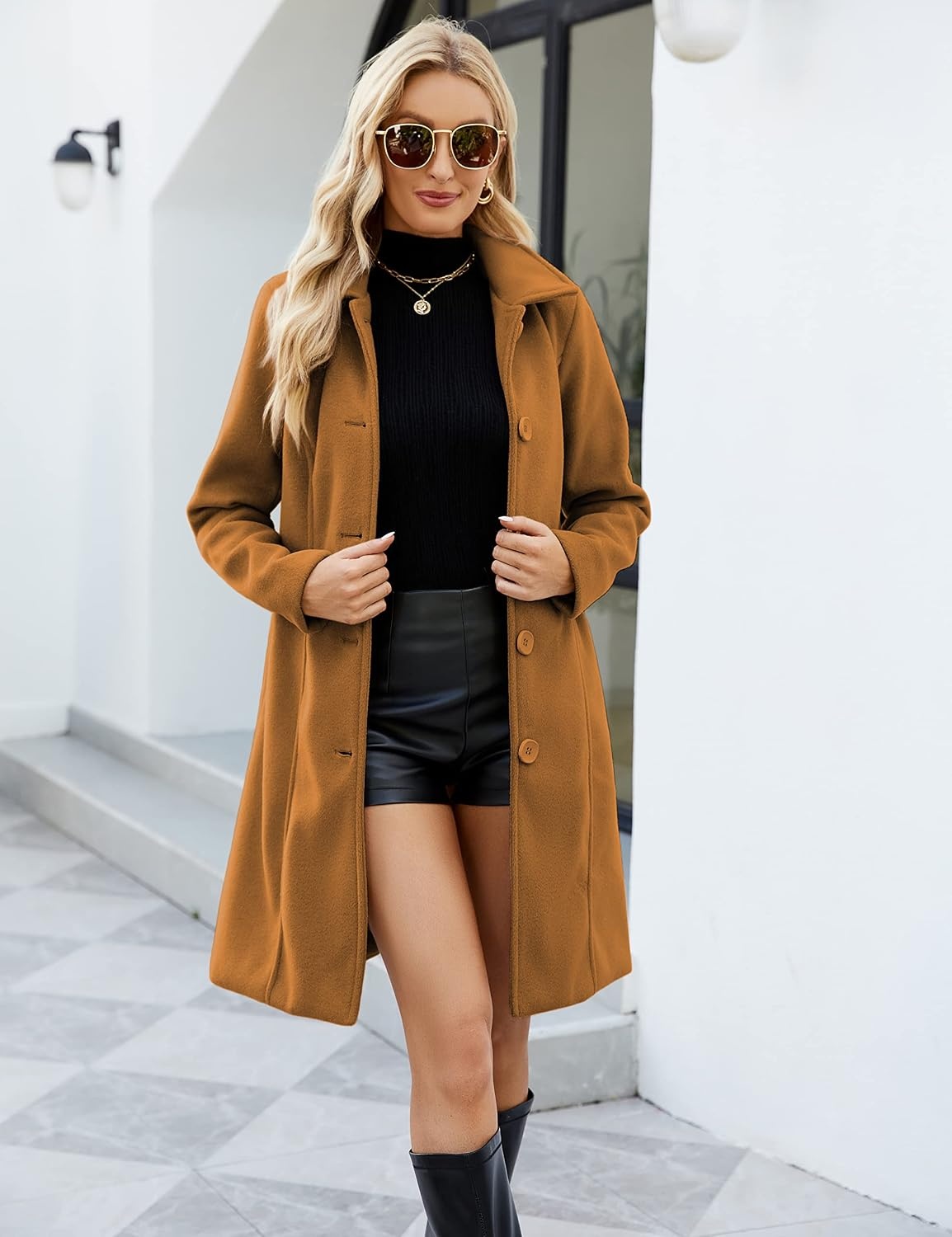 image:imageSpringrain Womens Winter Wool Blend Coat Single Breasted Peacoat Elegant Warm Turn Down Collar Overcoat Casual Knee Length Mid Long Trench Coat Versatile Office Daily OuterwearCaramel