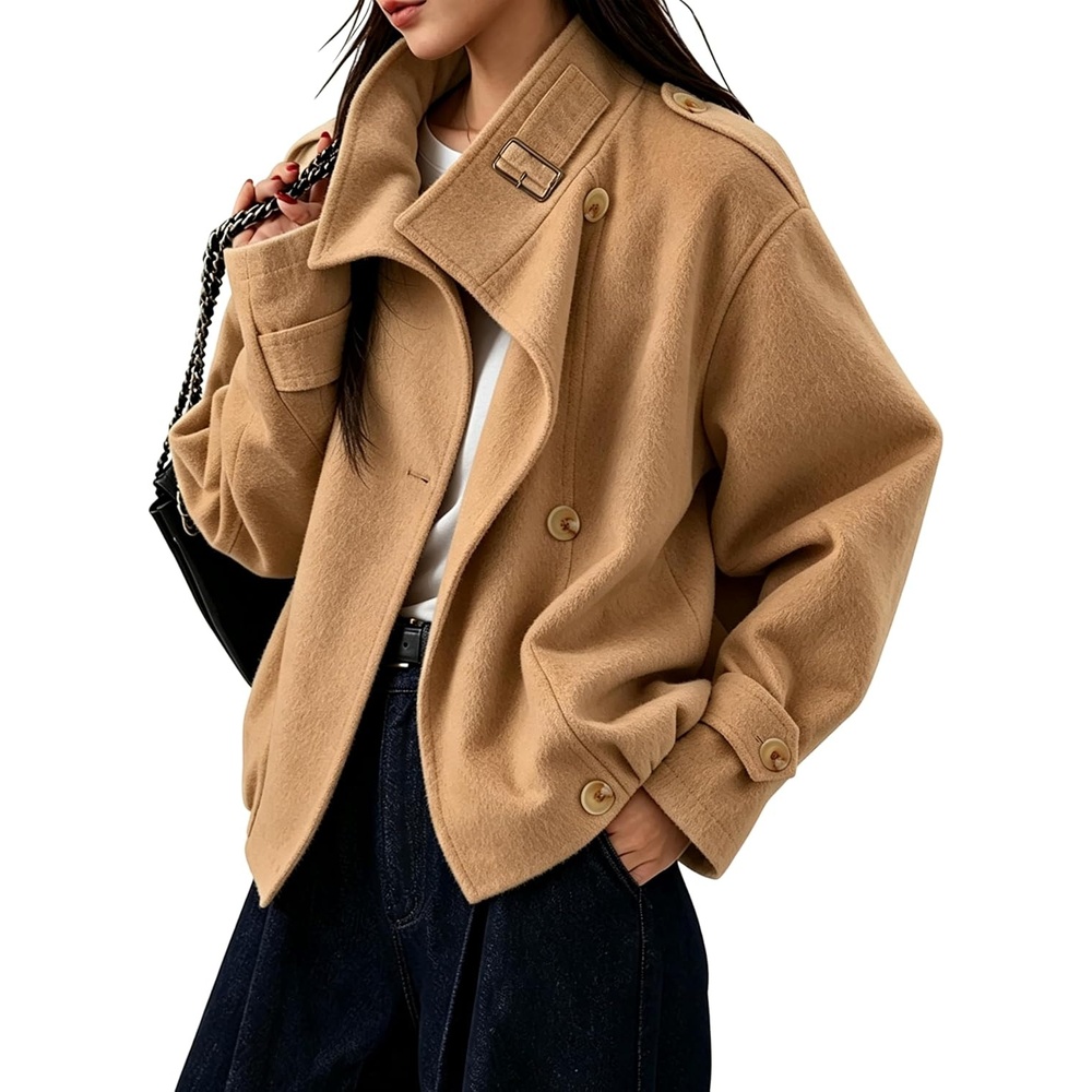 image:imageSpringrain Womens Cropped Wool Blend Fall Winter Coat Jacket Button Adjustable Cuffs Functional Slant Side Pockets Relaxed Drop Shoulder Fit Casual OutwearTurtleneck JacketCamel