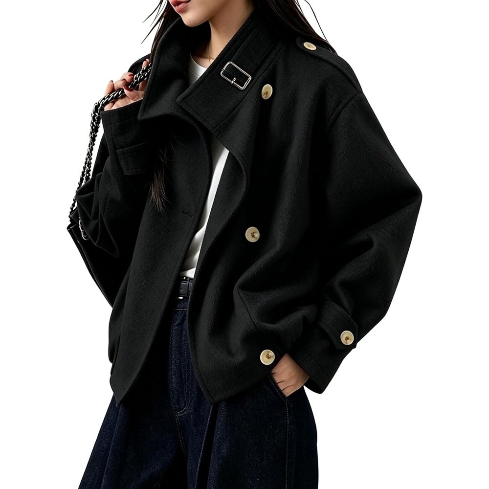 image:imageSpringrain Womens Cropped Wool Blend Fall Winter Coat Jacket Button Adjustable Cuffs Functional Slant Side Pockets Relaxed Drop Shoulder Fit Casual OutwearTurtleneck JacketBlack