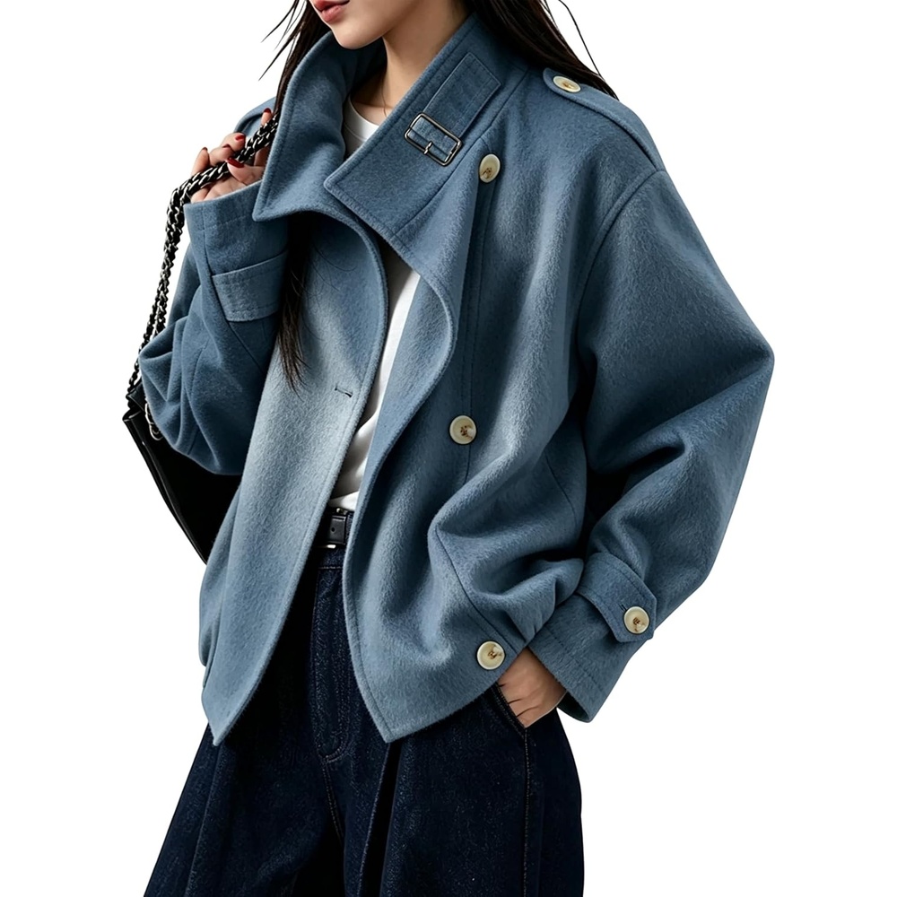 image:imageSpringrain Womens Cropped Wool Blend Fall Winter Coat Jacket Button Adjustable Cuffs Functional Slant Side Pockets Relaxed Drop Shoulder Fit Casual OutwearTurtleneck JacketBlue