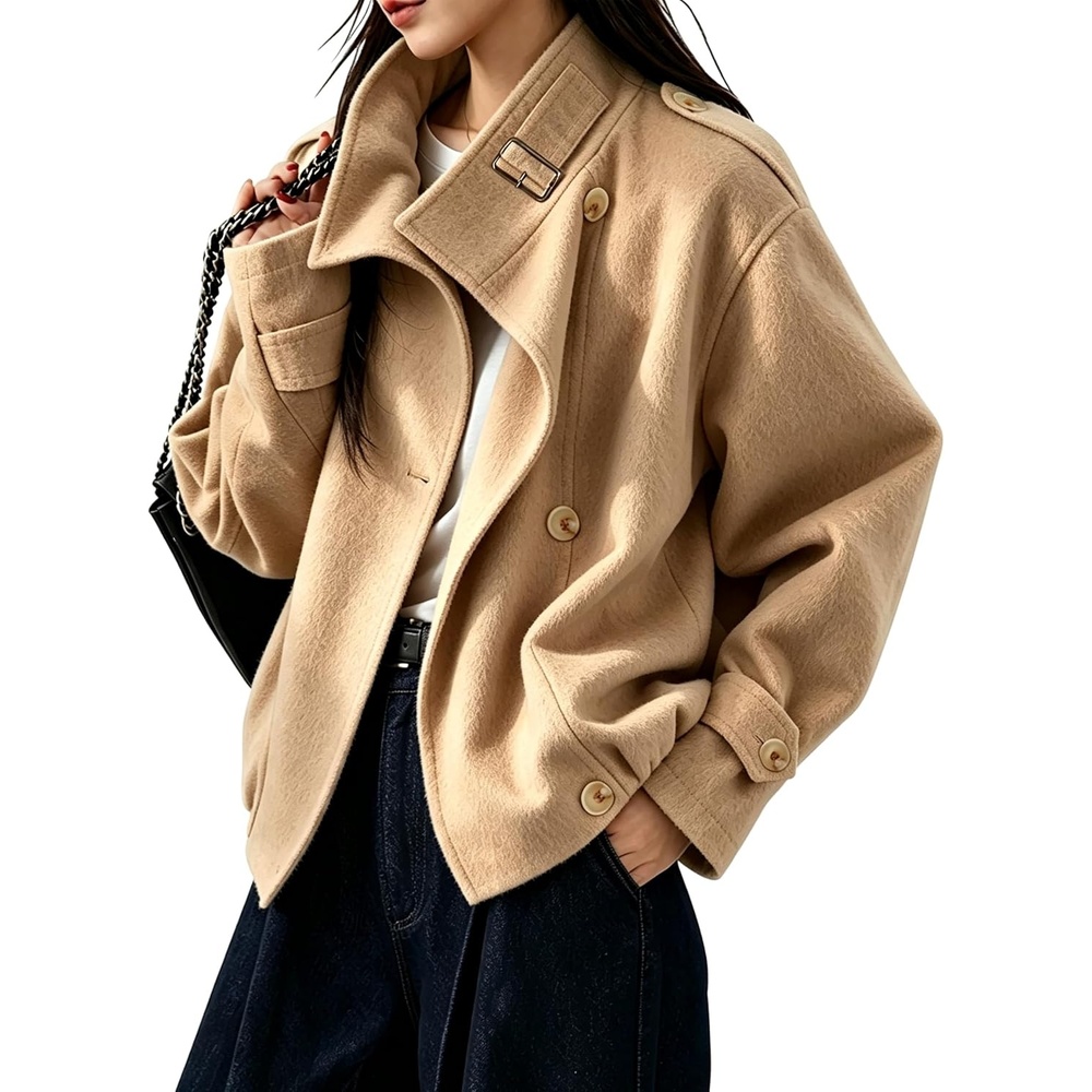 image:imageSpringrain Womens Cropped Wool Blend Fall Winter Coat Jacket Button Adjustable Cuffs Functional Slant Side Pockets Relaxed Drop Shoulder Fit Casual OutwearTurtleneck JacketKhaki