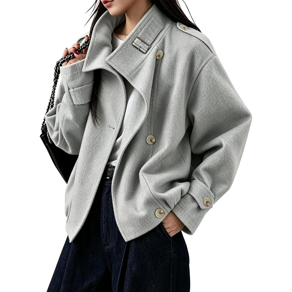 image:imageSpringrain Womens Cropped Wool Blend Fall Winter Coat Jacket Button Adjustable Cuffs Functional Slant Side Pockets Relaxed Drop Shoulder Fit Casual OutwearTurtleneck JacketLightgrey