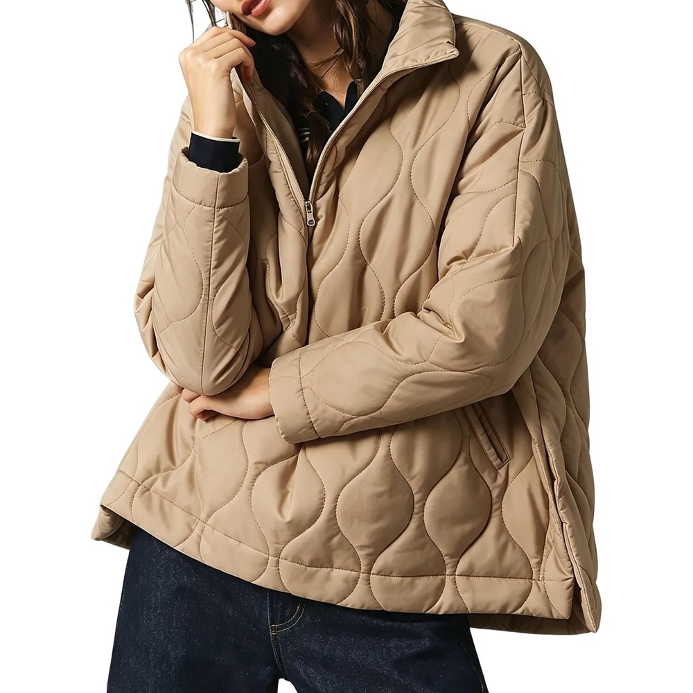 image:imageSpringrain Womens Half Zip Quilted Puffer Coat Winter Jacket  Lightweight Oversized Wearing Stand Collar Unique Wavy Quilting Craftsmanship Side Pockets Drop Shoulder SilhouetteKhaki