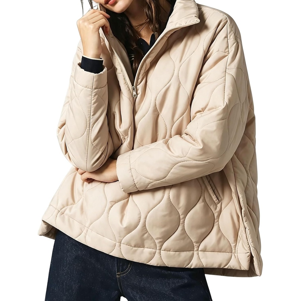 image:imageSpringrain Womens Half Zip Quilted Puffer Coat Winter Jacket  Lightweight Oversized Wearing Stand Collar Unique Wavy Quilting Craftsmanship Side Pockets Drop Shoulder SilhouetteBeige