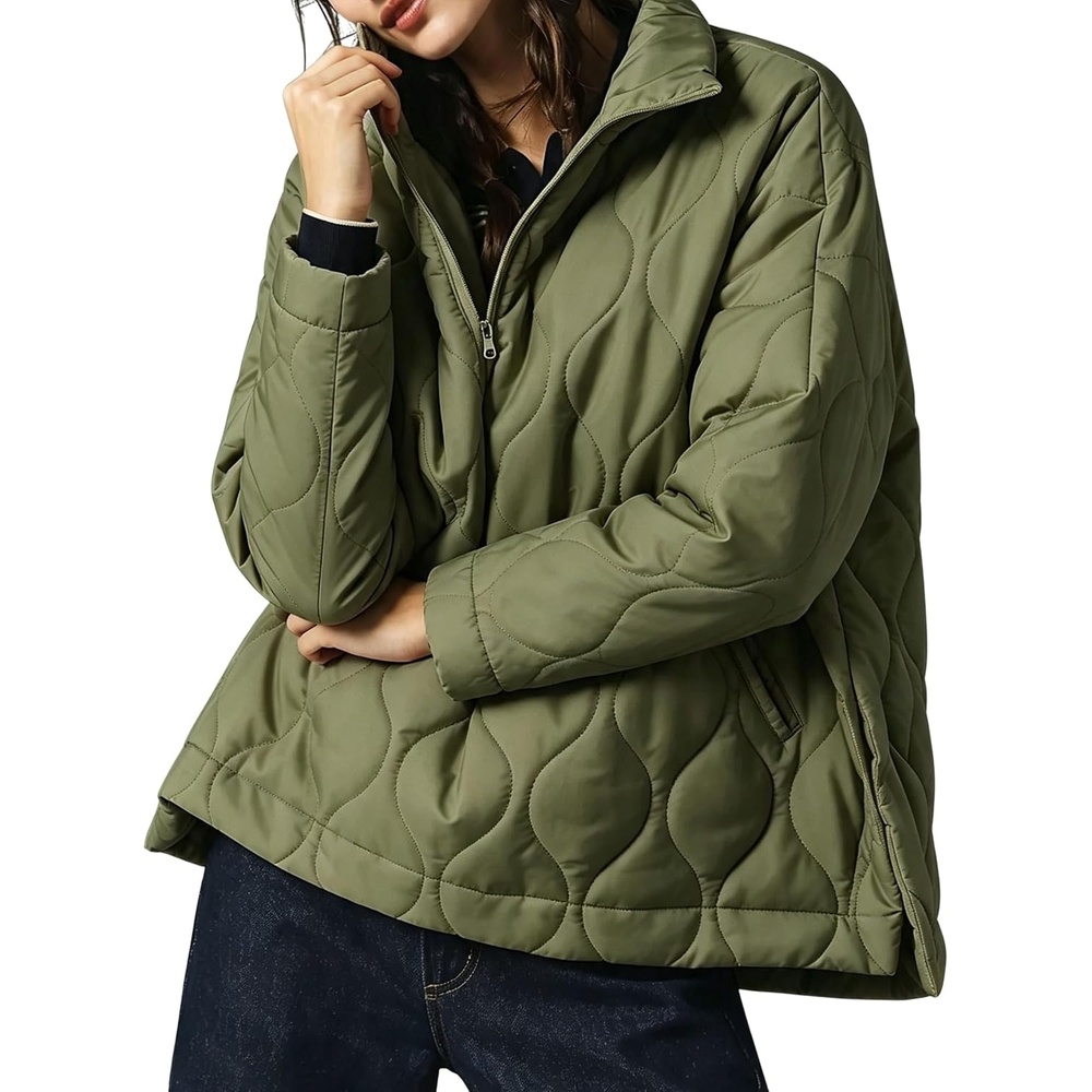 image:imageSpringrain Womens Half Zip Quilted Puffer Coat Winter Jacket Lightweight Oversized Wearing Stand Collar Unique Wavy Quilting Craftsmanship Side Pockets Drop Shoulder SilhouetteArmygreen
