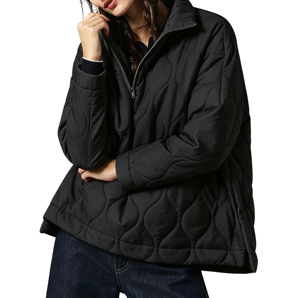 image:imageSpringrain Womens Half Zip Quilted Puffer Coat Winter Jacket  Lightweight Oversized Wearing Stand Collar Unique Wavy Quilting Craftsmanship Side Pockets Drop Shoulder SilhouetteBlack