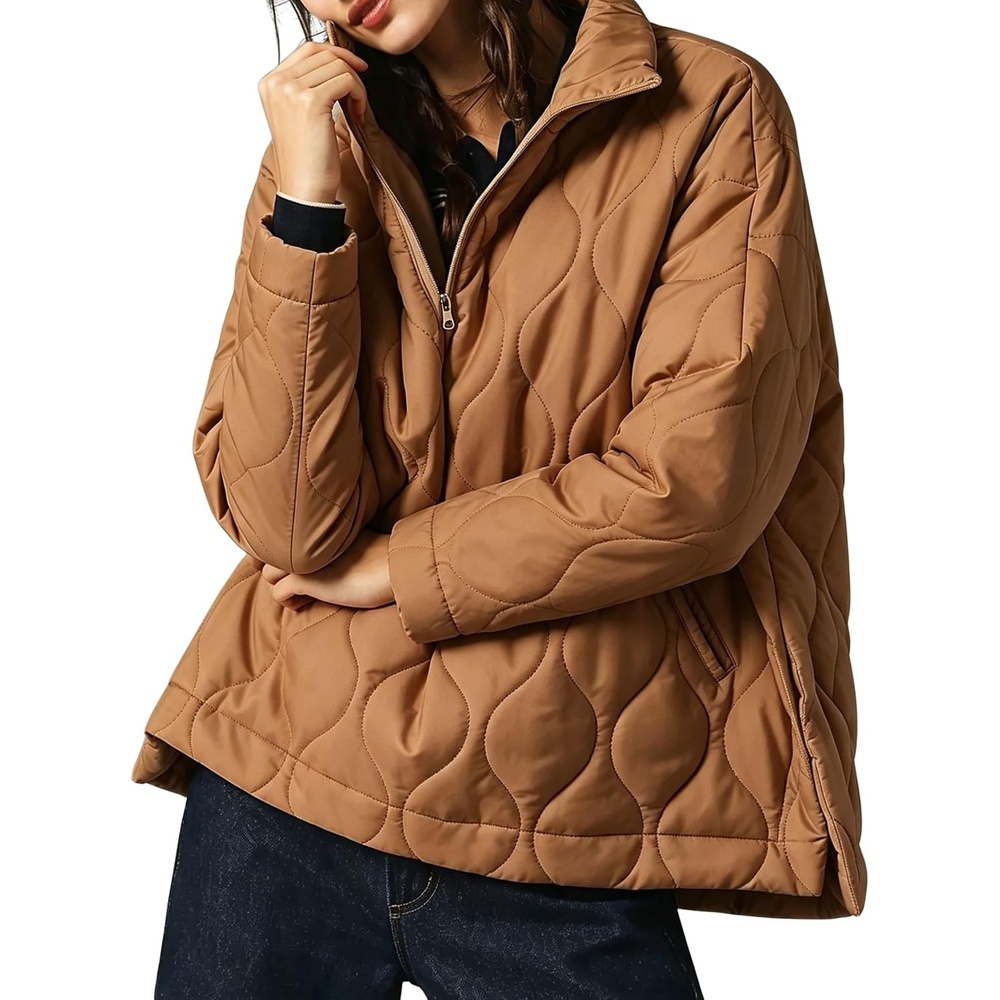 image:imageSpringrain Womens Half Zip Quilted Puffer Coat Winter Jacket  Lightweight Oversized Wearing Stand Collar Unique Wavy Quilting Craftsmanship Side Pockets Drop Shoulder SilhouetteBrown