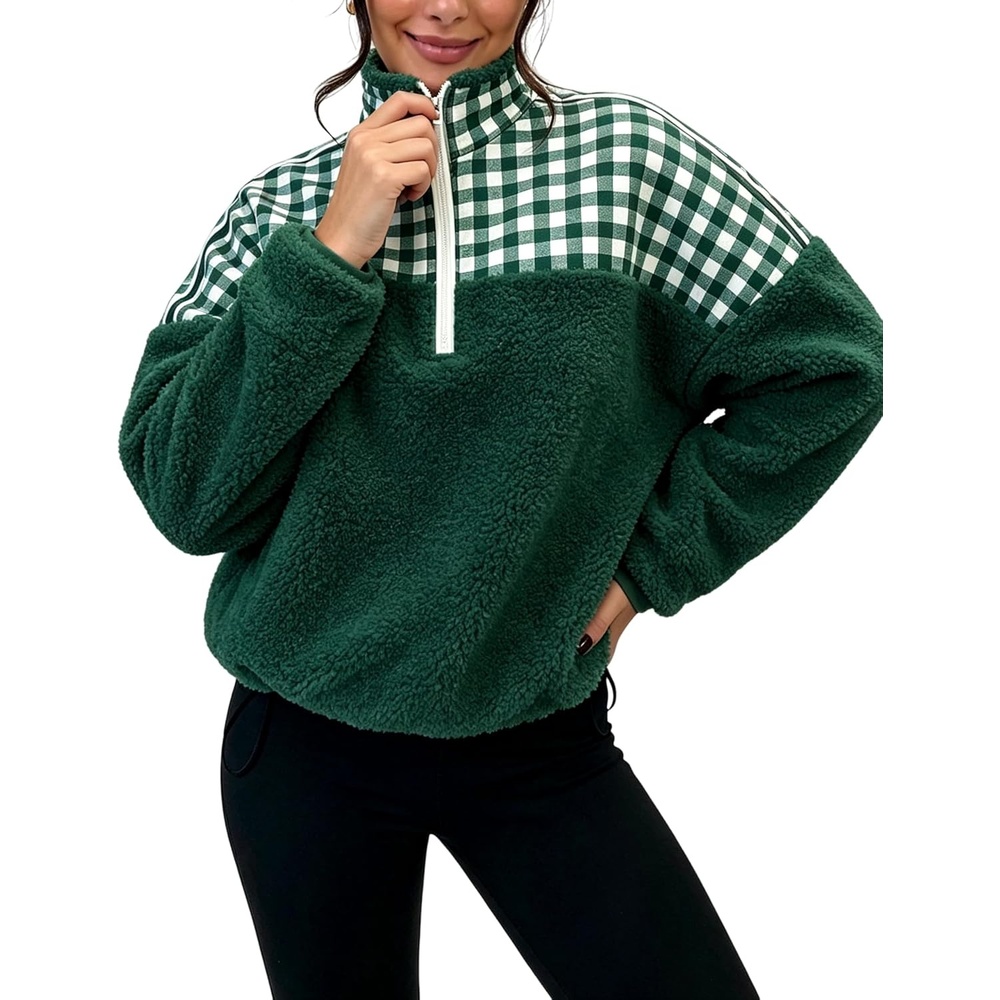 image:imageSpringrain Womens Half Zip Sherpa Fleece Plaid Pullover Jacket  HalfZip Stand Collar Gingham Shoulder Splicing Relaxed Cropped Loose Fit Suitable for Outdoor amp VacationGreen