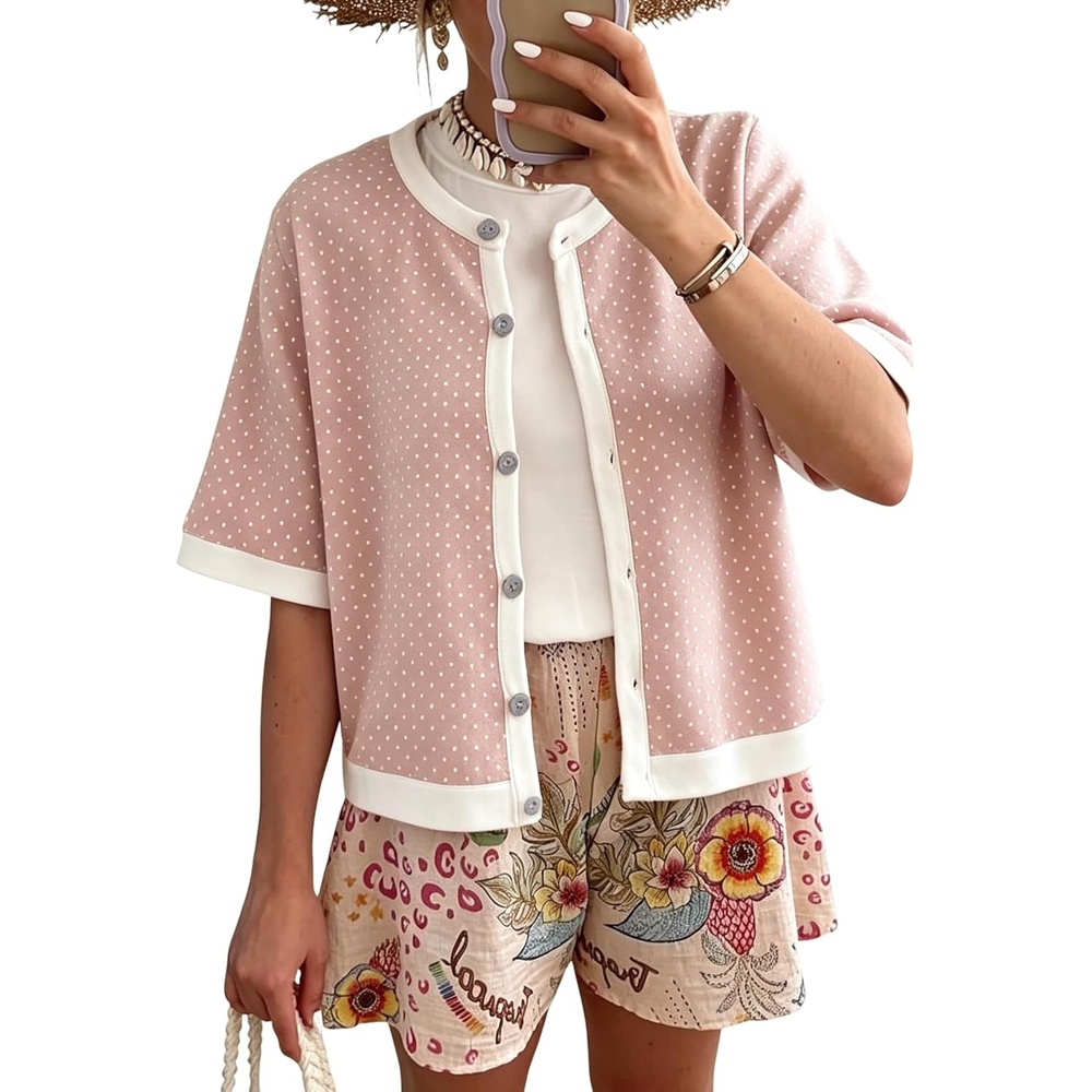 image:imageSpringrain Womens Polka Dot Sweater Cardigan Cotton Knit Top Contrast Binding Trim Button Front Drop Shoulder Cropped Breathable Lightweight Knit Material Loose Casual SilhouettePink