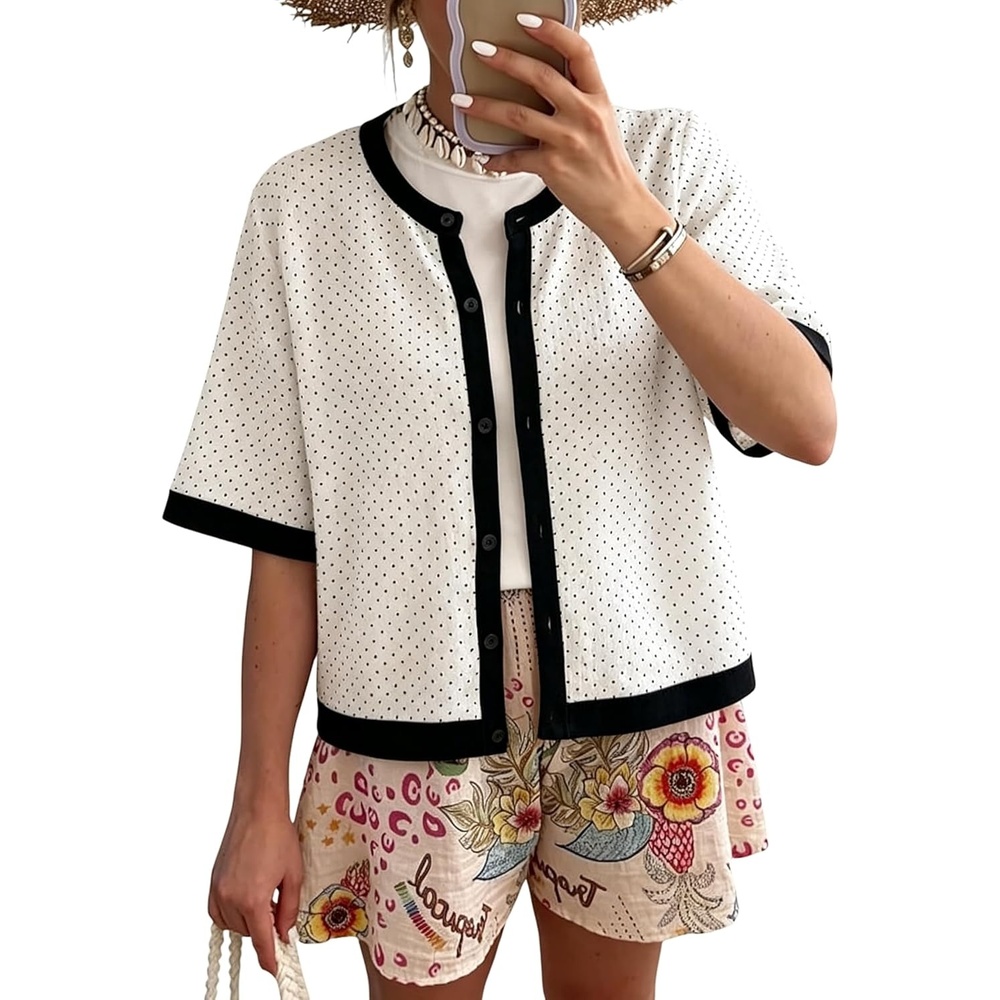 image:imageSpringrain Womens Polka Dot Sweater Cardigan Cotton Knit Top Contrast Binding Trim Button Front Drop Shoulder Cropped Breathable Lightweight Knit Material Loose Casual SilhouetteWhite