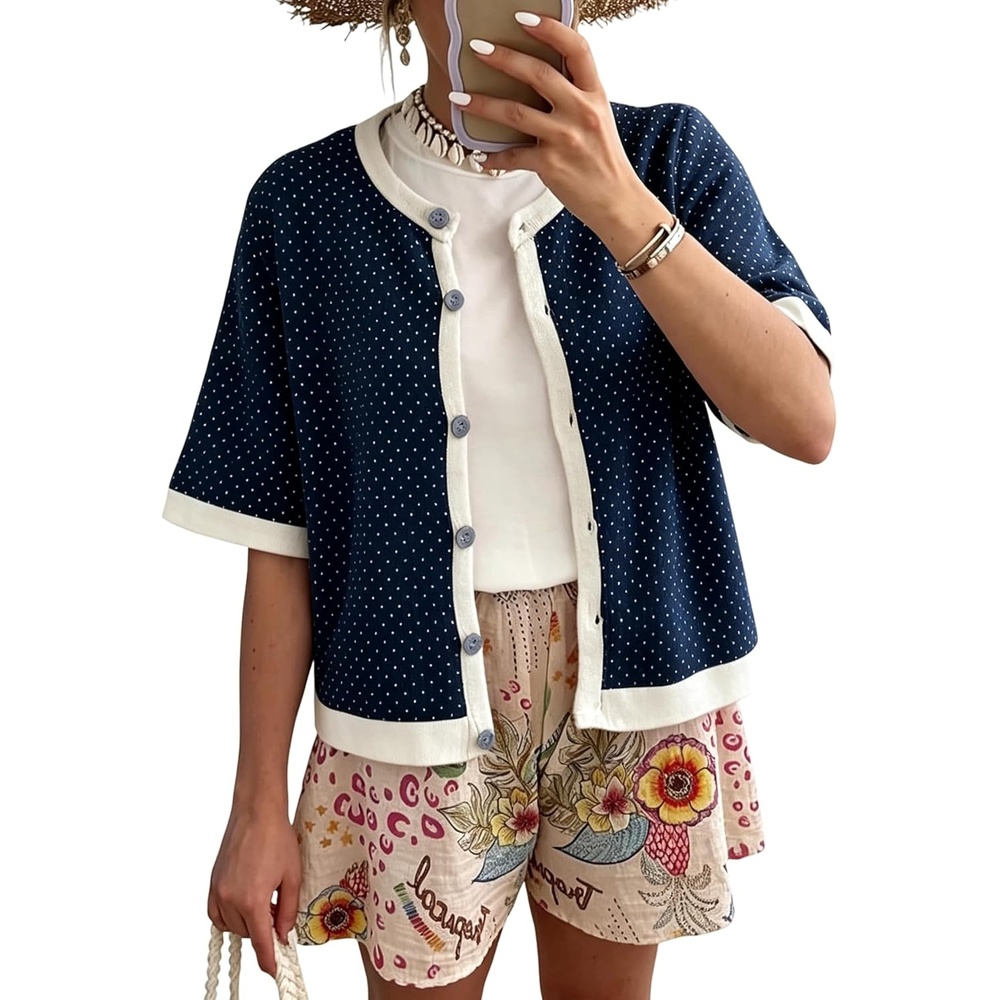 image:imageSpringrain Womens Polka Dot Sweater Cardigan Cotton Knit Top Contrast Binding Trim Button Front Drop Shoulder Cropped Breathable Lightweight Knit Material Loose Casual SilhouetteNavy