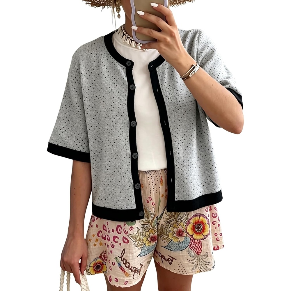 image:imageSpringrain Womens Polka Dot Sweater Cardigan Cotton Knit Top  Contrast Binding Trim Button Front Drop Shoulder Cropped Breathable Lightweight Knit Material Loose Casual SilhouetteGrey