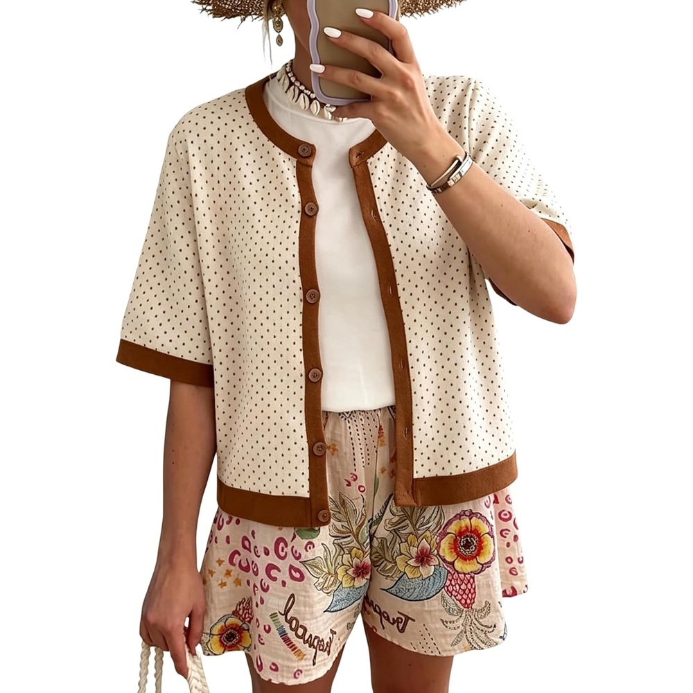 image:imageSpringrain Womens Polka Dot Sweater Cardigan Cotton Knit Top Contrast Binding Trim Button Front Drop Shoulder Cropped Breathable Lightweight Knit Material Loose Casual SilhouetteBeige