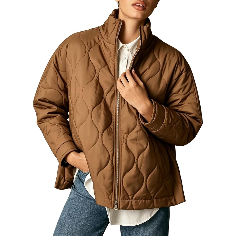 image:imageSpringrain Womens Quilted Puffer Jacket Oversized Winter Coat  Premium Insulated Filling Lightweight Warmth Oversized Relaxed Fit Windproof Quilted Stitching Comfy Daily WearBrown