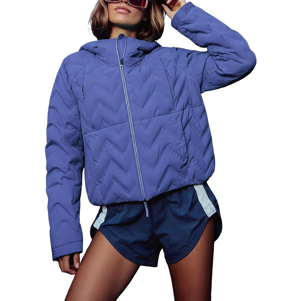 image:imageSpringrain Womens Quilted Zip Up Puffer Jacket Outdoor Coat  Full Zip Front Warm Winter Casual Jacket Cropped DropShoulder Silhouette Easy Layering Side PocketsPurple