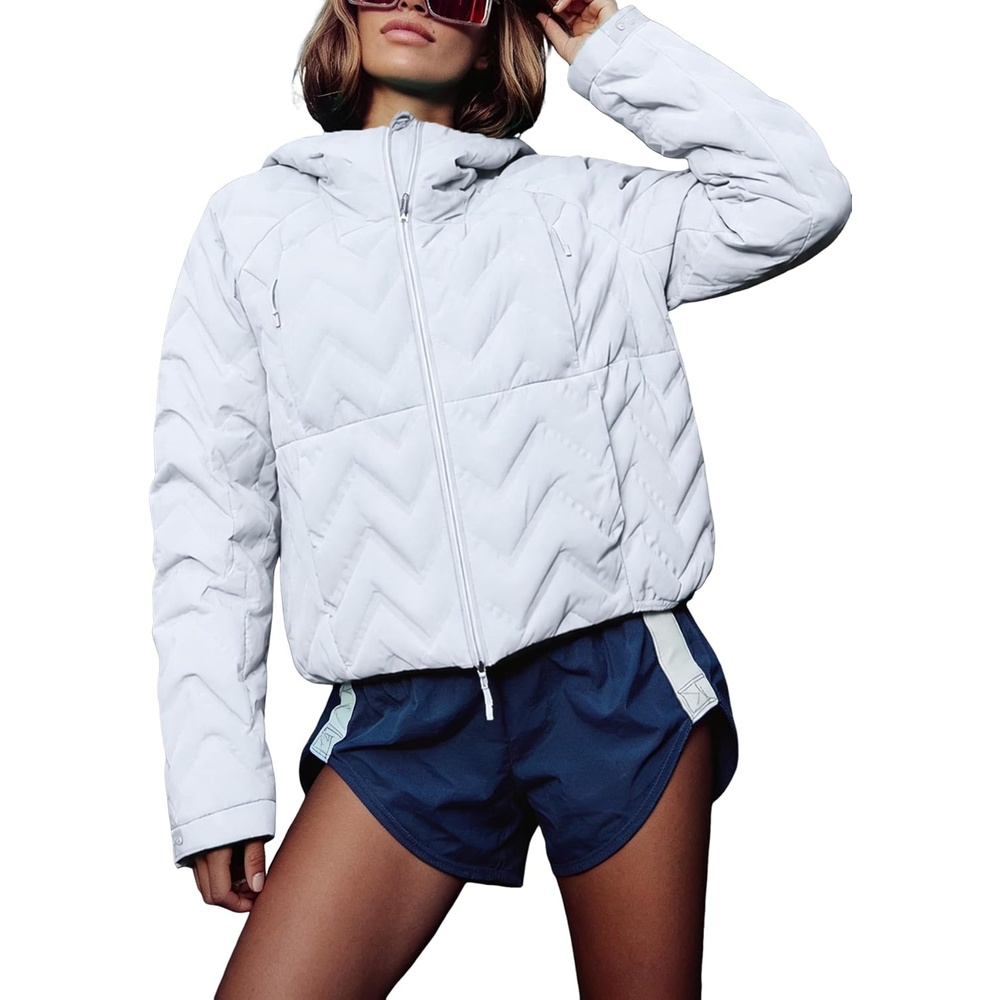 image:imageSpringrain Womens Quilted Zip Up Puffer Jacket Outdoor Coat  Full Zip Front Warm Winter Casual Jacket Cropped DropShoulder Silhouette Easy Layering Side PocketsWhite