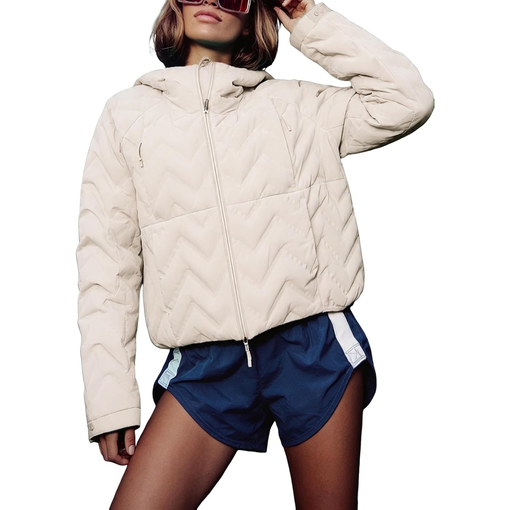 image:imageSpringrain Womens Quilted Zip Up Puffer Jacket Outdoor Coat  Full Zip Front Warm Winter Casual Jacket Cropped DropShoulder Silhouette Easy Layering Side PocketsBeige