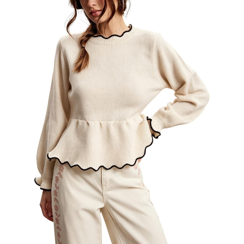 image:imageSpringrain Womens Scalloped Peplum Long Sleeve Knit Sweater Crew Neck Lantern ruffled cuffs Contrast wave trim Soft lightweight Top Fall amp Winter wardrobe pieceRibbed TrimBeige