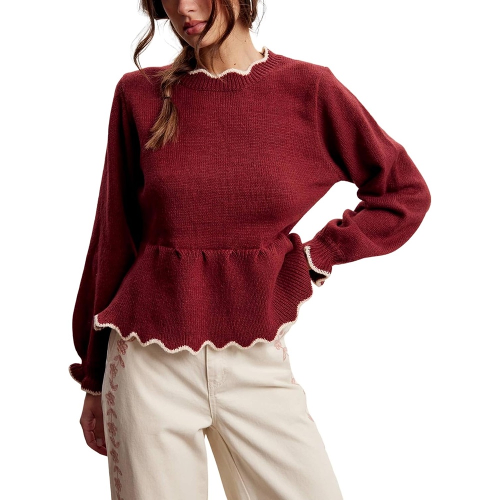 image:imageSpringrain Womens Scalloped Peplum Long Sleeve Knit Sweater Crew Neck Lantern ruffled cuffs Contrast wave trim Soft lightweight Top Fall amp Winter wardrobe pieceRibbed TrimWinered