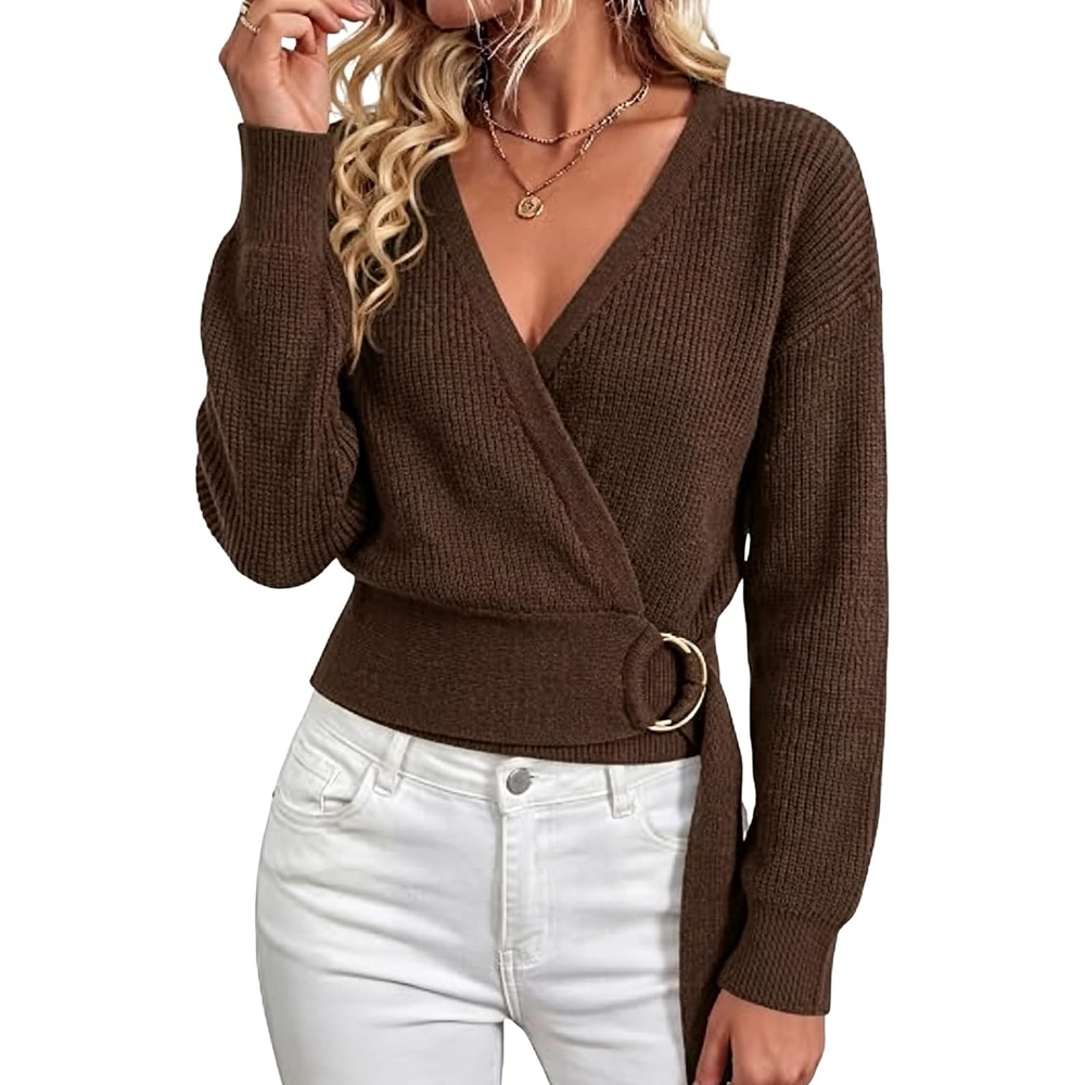 image:imageSpringrain Womens V Neck Long Sleeve Wrap Fall Belted Sweater Metal Ring Buckle Adjustable Waist Soft Stretch Ribknit Fabric Cropped FigureHugging Fit Relaxed DropCoffee