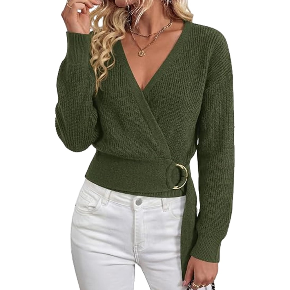 image:imageSpringrain Womens V Neck Long Sleeve Wrap Fall Belted Sweater Metal Ring Buckle Adjustable Waist Soft Stretch Ribknit Fabric Cropped FigureHugging Fit Relaxed DropDarkgreen