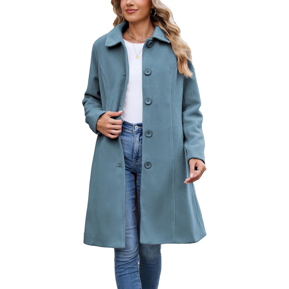 image:imageSpringrain Womens Winter Wool Blend Coat Single Breasted Peacoat Elegant Warm Turn Down Collar Overcoat Casual Knee Length Mid Long Trench Coat Versatile Office Daily OuterwearDustyblue
