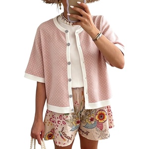 Springrain Women’s Polka Dot Sweater Cardigan Cotton Knit Top | Contrast Binding Trim, Button Front, Drop Shoulder Cropped, Breathable Lightweight Knit Material, Loose Casual Silhouette(Pink)