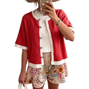 Springrain Women’s Polka Dot Sweater Cardigan Cotton Knit Top | Contrast Binding Trim, Button Front, Drop Shoulder Cropped, Breathable Lightweight Knit Material, Loose Casual Silhouette(Red)