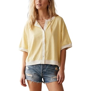 Springrain Women’s Polka Dot Sweater Cardigan Cotton Knit Top | Contrast Binding Trim, Button Front, Drop Shoulder Cropped, Breathable Lightweight Knit Material, Loose Casual Silhouette(Yellow)