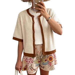 Springrain Women’s Polka Dot Sweater Cardigan Cotton Knit Top | Contrast Binding Trim, Button Front, Drop Shoulder Cropped, Breathable Lightweight Knit Material, Loose Casual Silhouette(Beige)