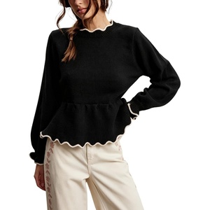 Springrain Women’s Scalloped Peplum Long Sleeve Knit Sweater | Crew Neck, Lantern ruffled cuffs, Contrast wave trim, Soft lightweight Top, Fall & Winter wardrobe piece,Ribbed Trim(Black)