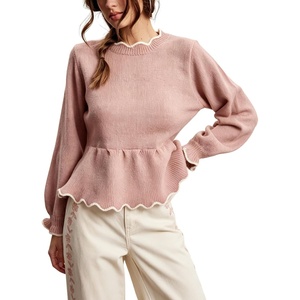 Springrain Women’s Scalloped Peplum Long Sleeve Knit Sweater | Crew Neck, Lantern ruffled cuffs, Contrast wave trim, Soft lightweight Top, Fall & Winter wardrobe piece,Ribbed Trim(Pink)