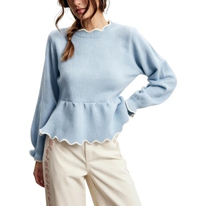 Springrain Women’s Scalloped Peplum Long Sleeve Knit Sweater | Crew Neck, Lantern ruffled cuffs, Contrast wave trim, Soft lightweight Top, Fall & Winter wardrobe piece,Ribbed Trim(Blue)