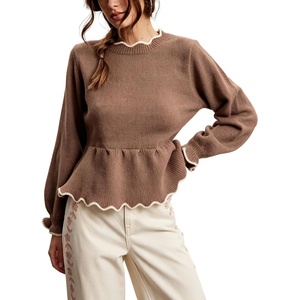 Springrain Women’s Scalloped Peplum Long Sleeve Knit Sweater | Crew Neck, Lantern ruffled cuffs, Contrast wave trim, Soft lightweight Top, Fall & Winter wardrobe piece,Ribbed Trim(Darkkhaki)