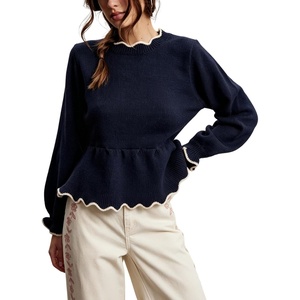 Springrain Women’s Scalloped Peplum Long Sleeve Knit Sweater | Crew Neck, Lantern ruffled cuffs, Contrast wave trim, Soft lightweight Top, Fall & Winter wardrobe piece,Ribbed Trim(Navy)