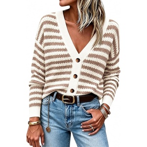 Springrain Women’s Striped Crochet Long Sleeve Knit Cardigan | Lightweight V Neck Button Up Cardigan Sweater, Versatile Layering Piece for Fall and Spring, Business Casual Outfits(Khaki)