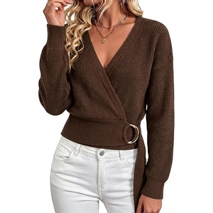 Springrain Women’s V Neck Long Sleeve Wrap Fall Belted Sweater | Metal Ring Buckle Adjustable Waist, Soft Stretch Rib‑knit Fabric, Cropped Figure‑Hugging Fit, Relaxed Drop(Coffee)